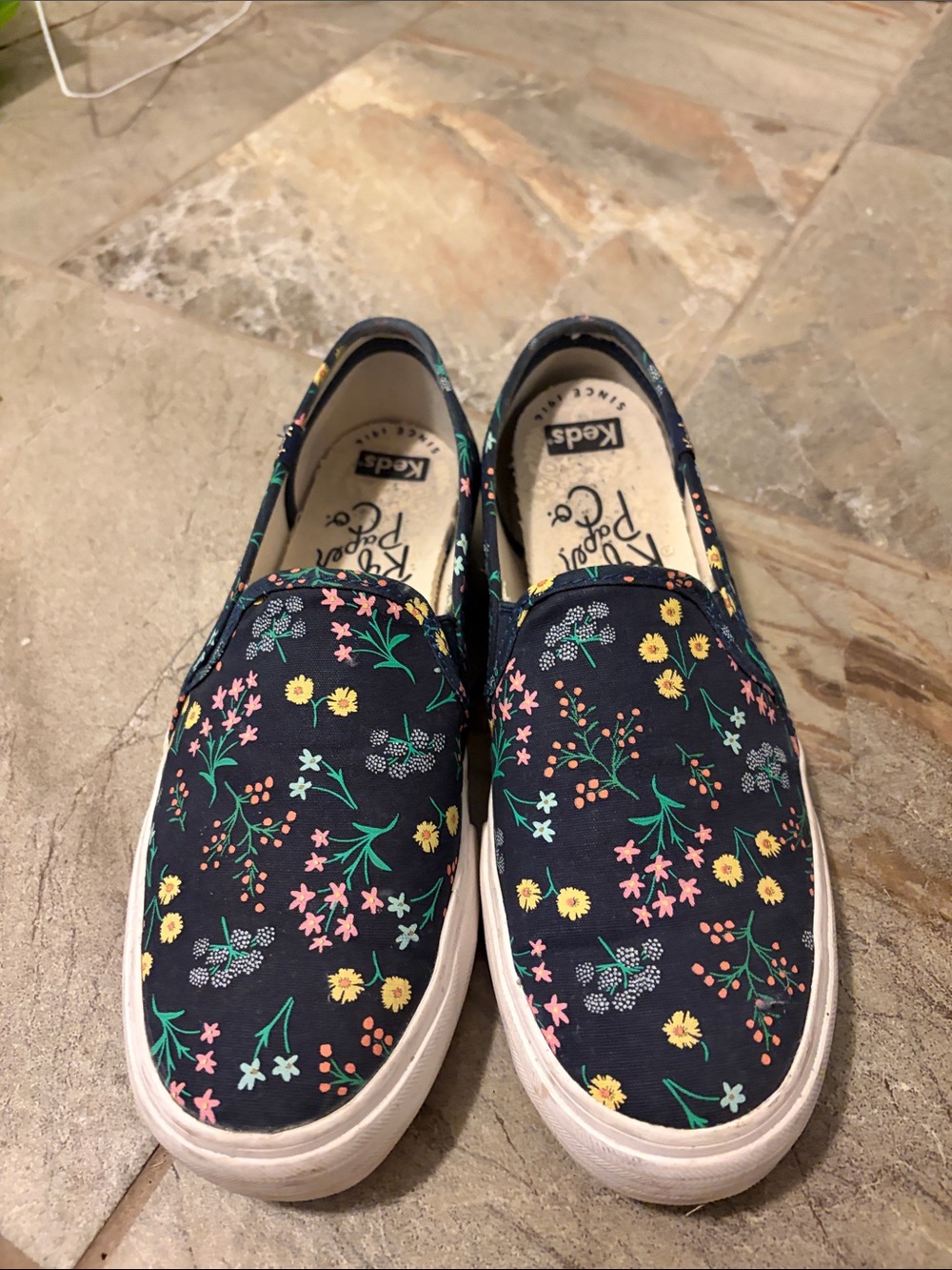 Keds Women’s Navy Floral Slip On Sneakers with Pink Yellow Green Accents